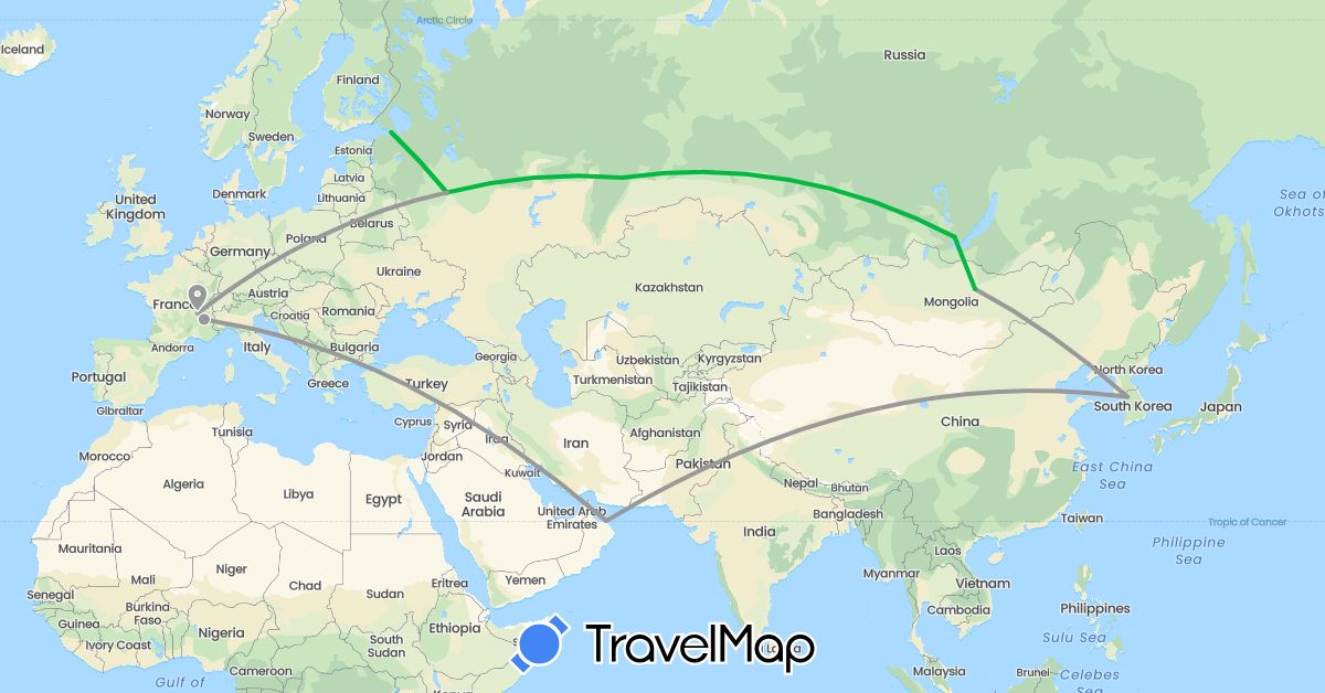 TravelMap itinerary: bus, plane in France, South Korea, Mongolia, Oman, Russia (Asia, Europe)