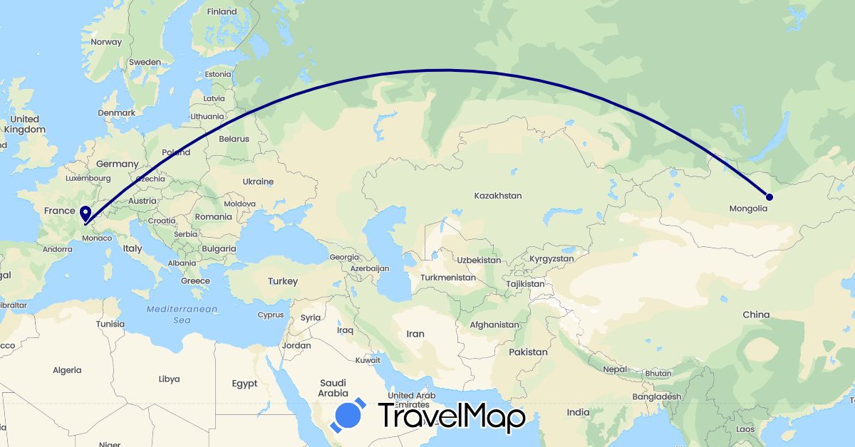 TravelMap itinerary: driving in France, Mongolia (Asia, Europe)